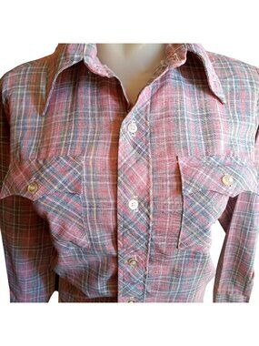 True Vintage XS Shirt Top 1970's Plaid Button-Up JC PENNEY Pink Boho Disco Retro
